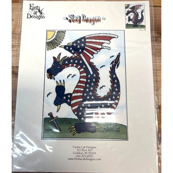 Flag Dragon Counted Cross-Stitch Pattern By Fantá Cat Designs - Picture 2 of 3